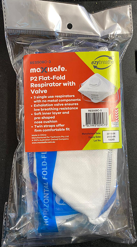 Maxisafe P2 Face Mask Flat Fold Respirator with Valve Pack of 3